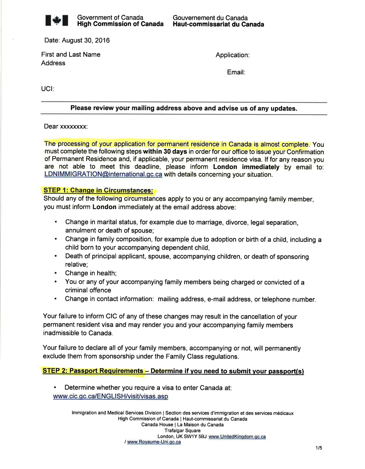 sample cover letter for permanent residence application in canada